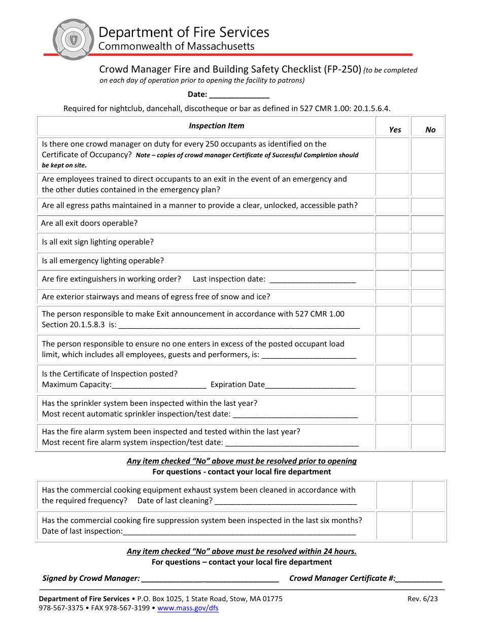 Form FP250 Download Printable PDF or Fill Online Crowd Manager Fire
