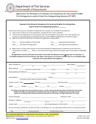 Document preview: Form FP-087 Application for Renewal of Certificate of Competency for Servicing Portable Fire Extinguishers and/or Fixed Fire Extinguishing Systems - Massachusetts