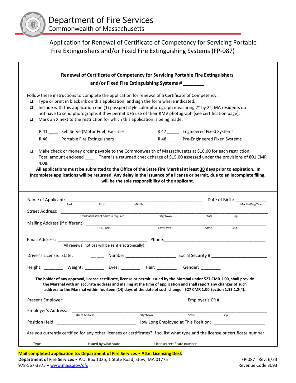 Form FP-087 Application for Renewal of Certificate of Competency for Servicing Portable Fire Extinguishers and / or Fixed Fire Extinguishing Systems - Massachusetts, Page 1
