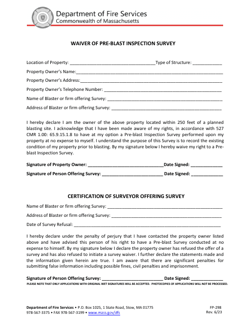Form FP-298 Waiver of Pre-blast Inspection Survey - Massachusetts