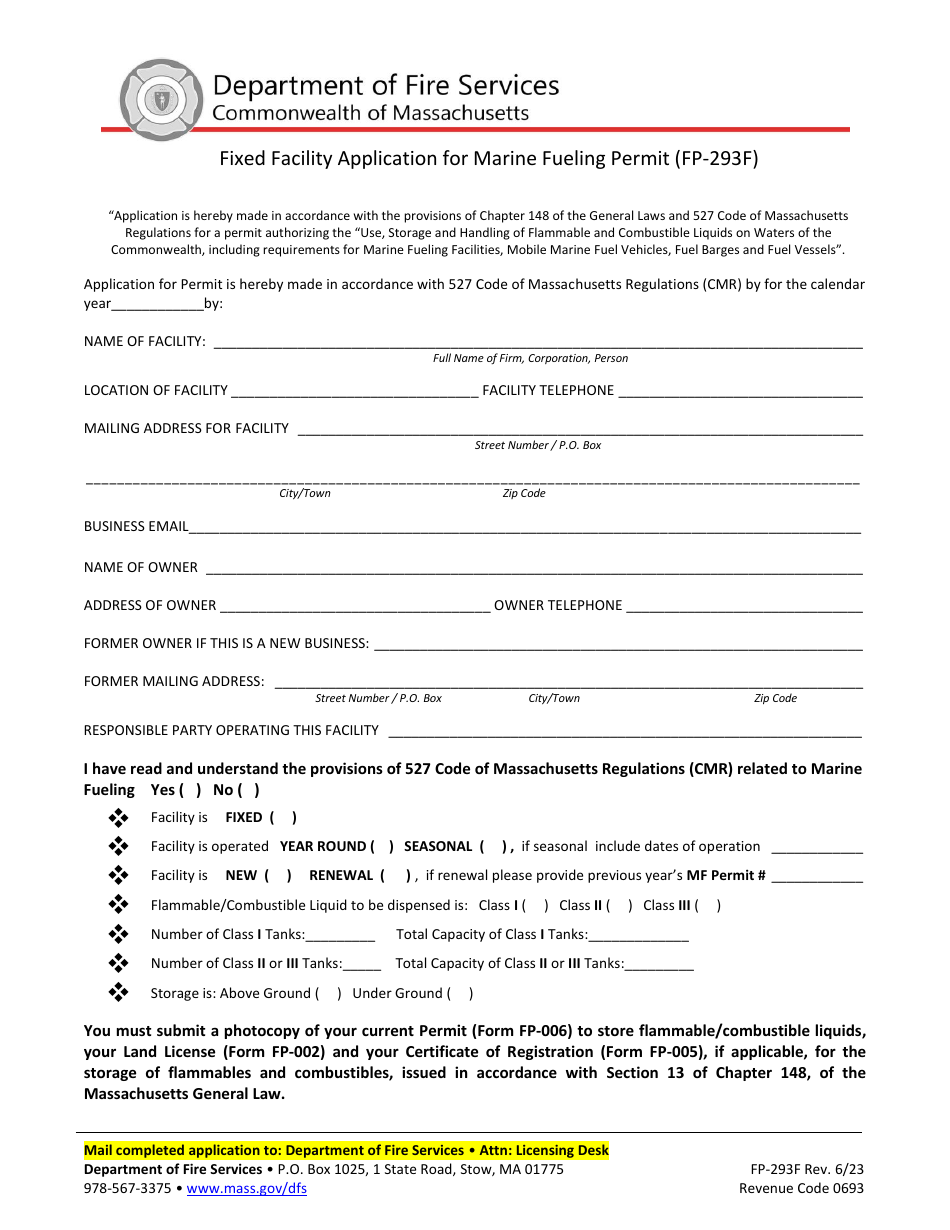 Form FP-293F Fixed Facility Application for Marine Fueling Permit - Massachusetts, Page 1
