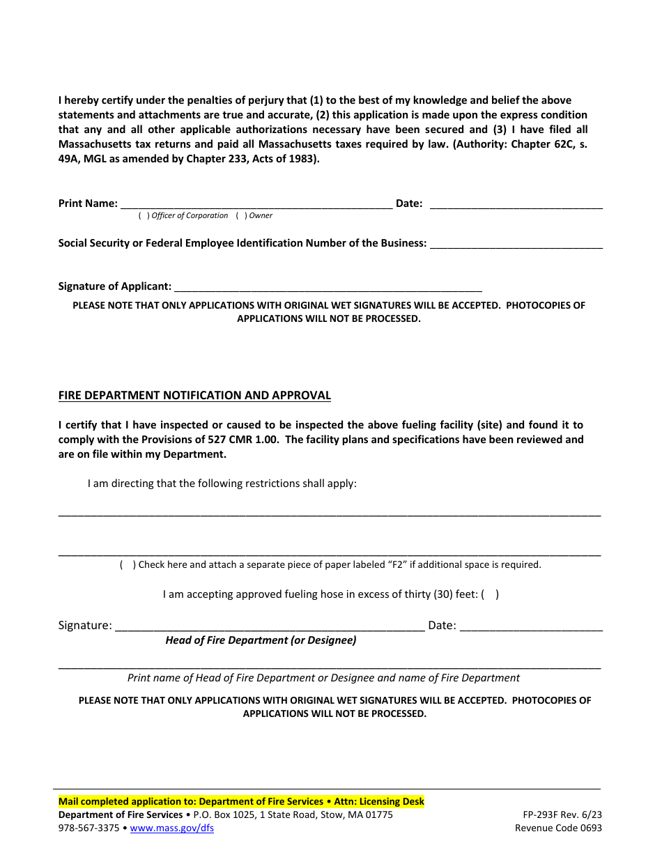 Form FP-293F Fixed Facility Application for Marine Fueling Permit - Massachusetts, Page 3