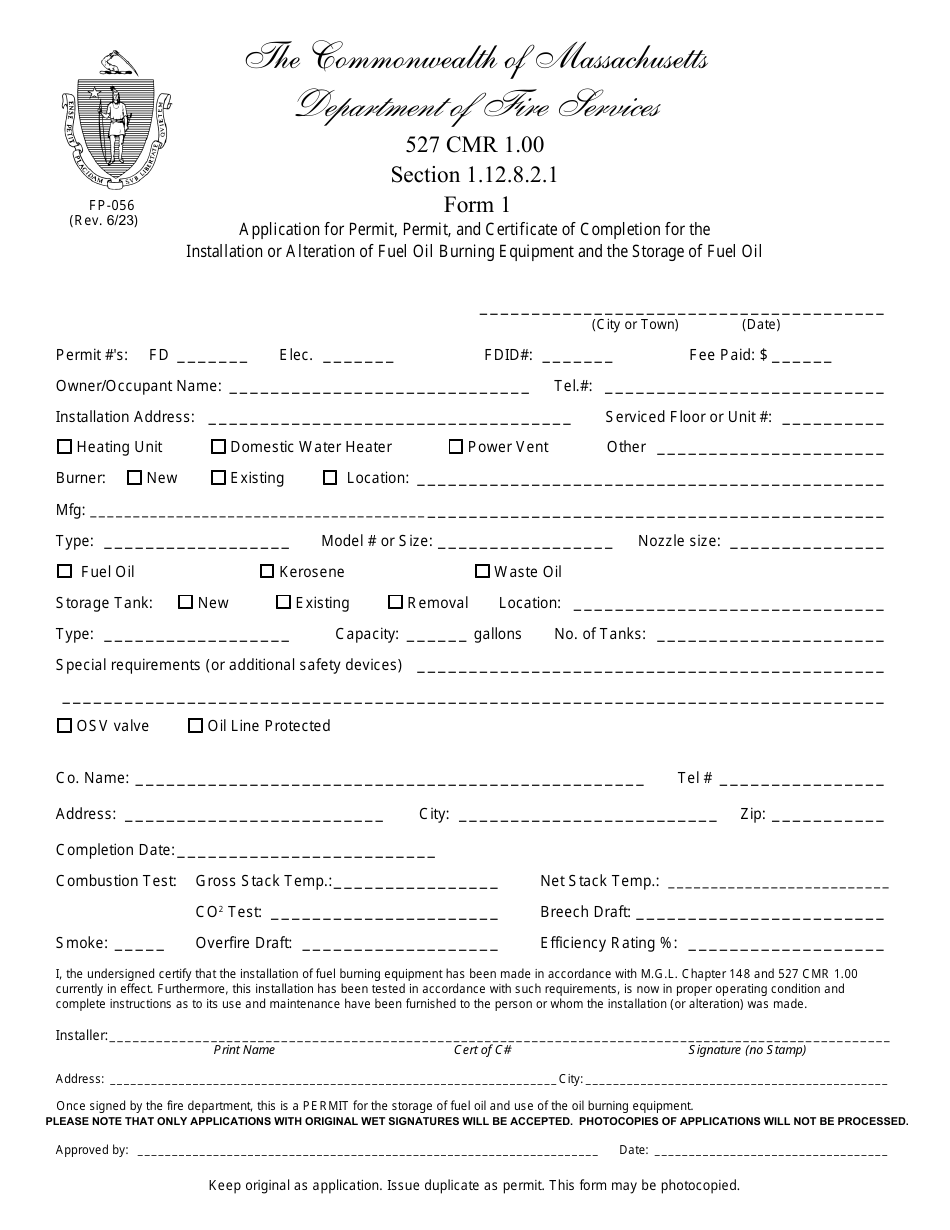 Form 1 (FP-056) Application for Permit, Permit, and Certificate of Completion for the Installation or Alteration of Fuel Oil Burning Equipment and the Storage of Fuel Oil - Massachusetts, Page 1