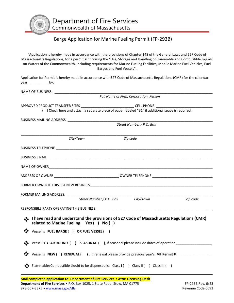 Form FP-293B Barge Application for Marine Fueling Permit - Massachusetts, Page 1