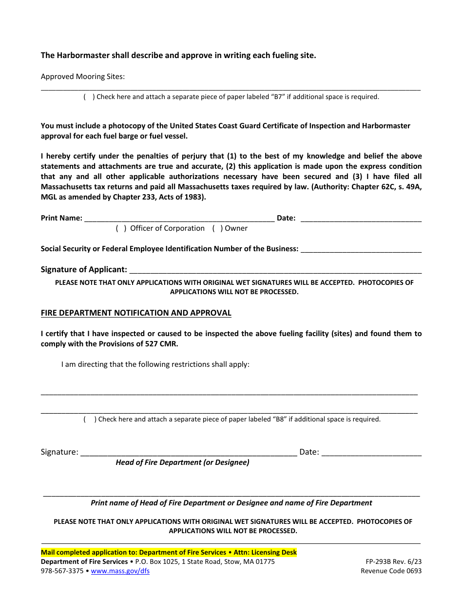 Form FP-293B Barge Application for Marine Fueling Permit - Massachusetts, Page 3