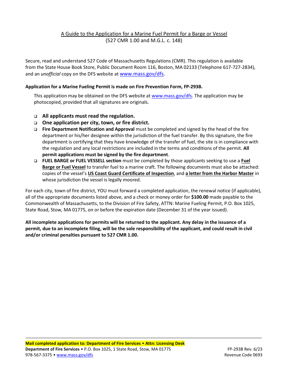 Form FP-293B Barge Application for Marine Fueling Permit - Massachusetts, Page 4