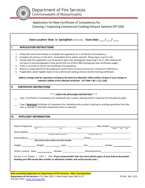 Form FP-026 Application for New Certificate of Competency for Cleaning/Inspecting Commercial Cooking Exhaust Systems - Massachusetts