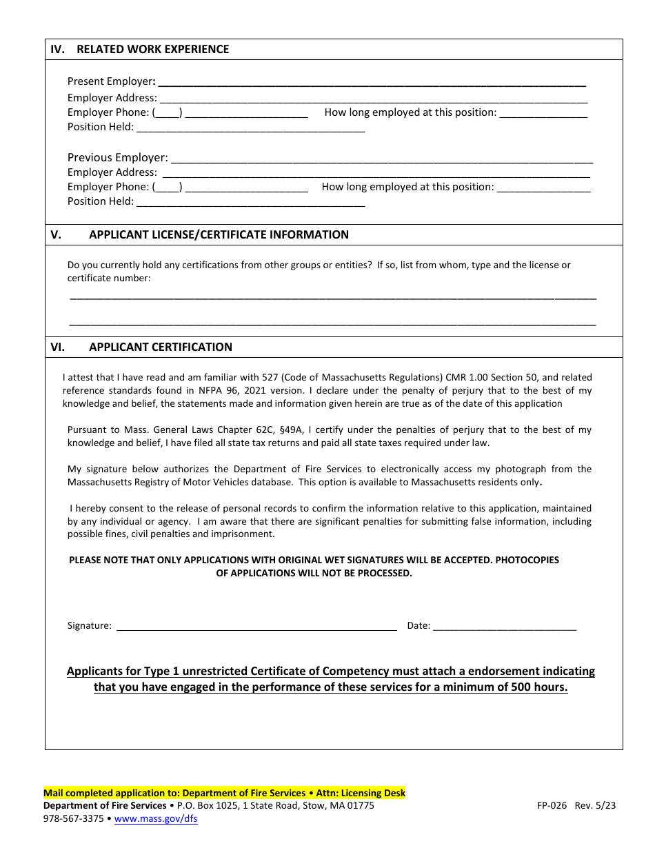 Form FP-026 Application for New Certificate of Competency for Cleaning / Inspecting Commercial Cooking Exhaust Systems - Massachusetts, Page 2