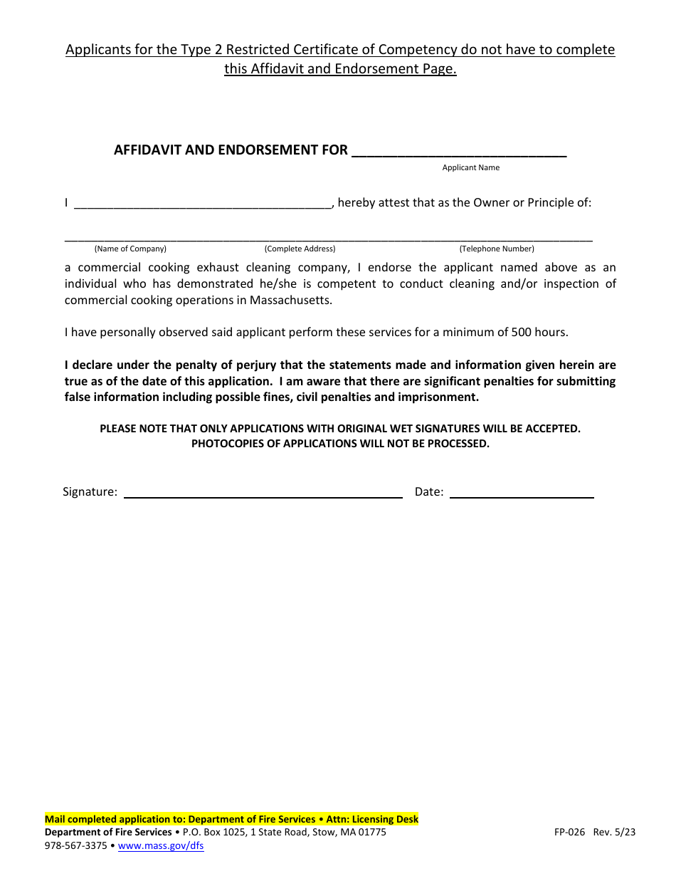 Form FP-026 Application for New Certificate of Competency for Cleaning / Inspecting Commercial Cooking Exhaust Systems - Massachusetts, Page 3