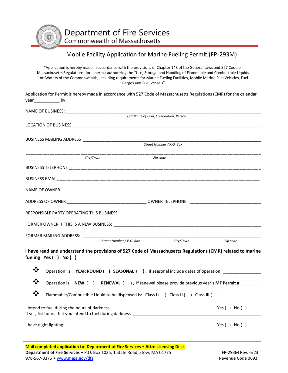 Form FP-293M Mobile Facility Application for Marine Fueling Permit - Massachusetts, Page 1