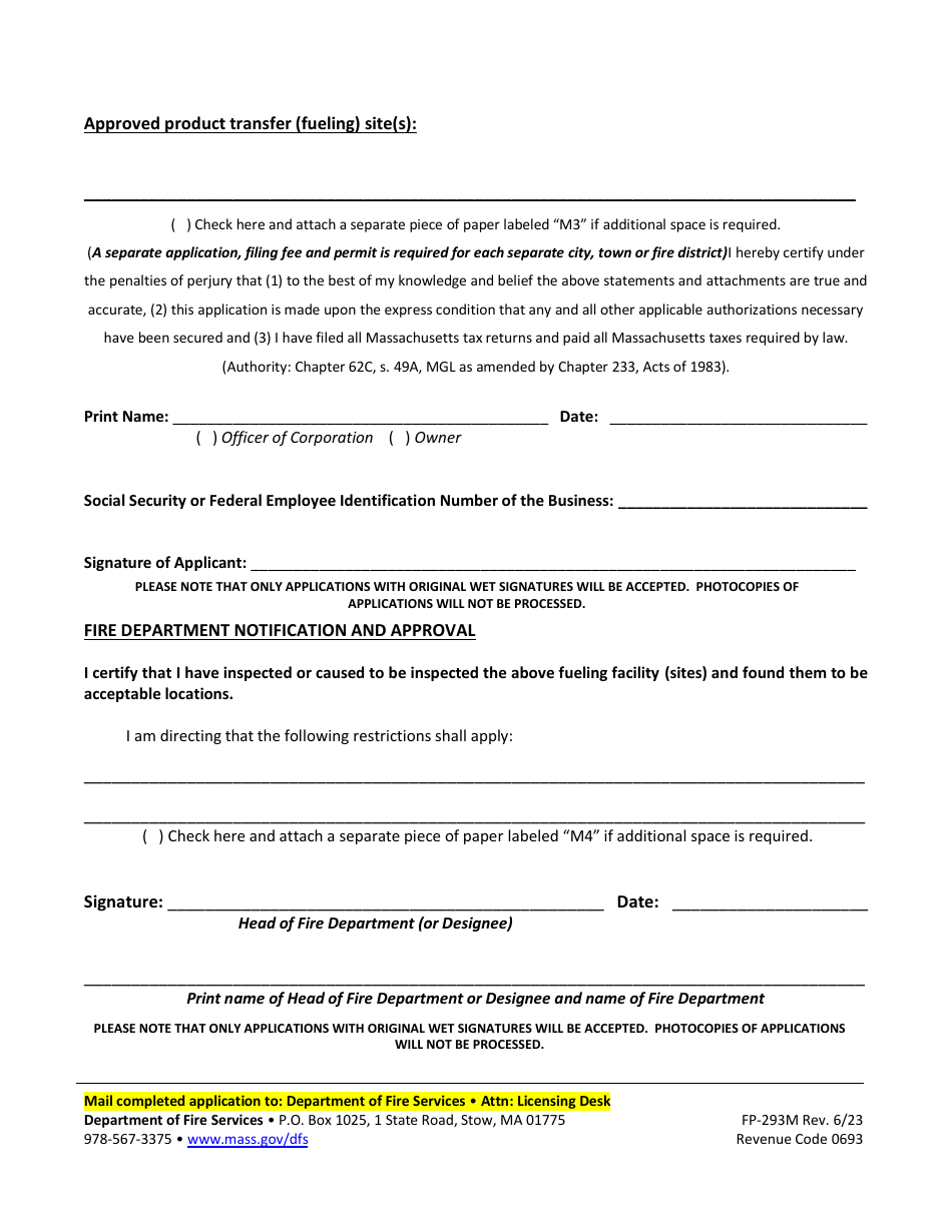 Form FP-293M Mobile Facility Application for Marine Fueling Permit - Massachusetts, Page 3
