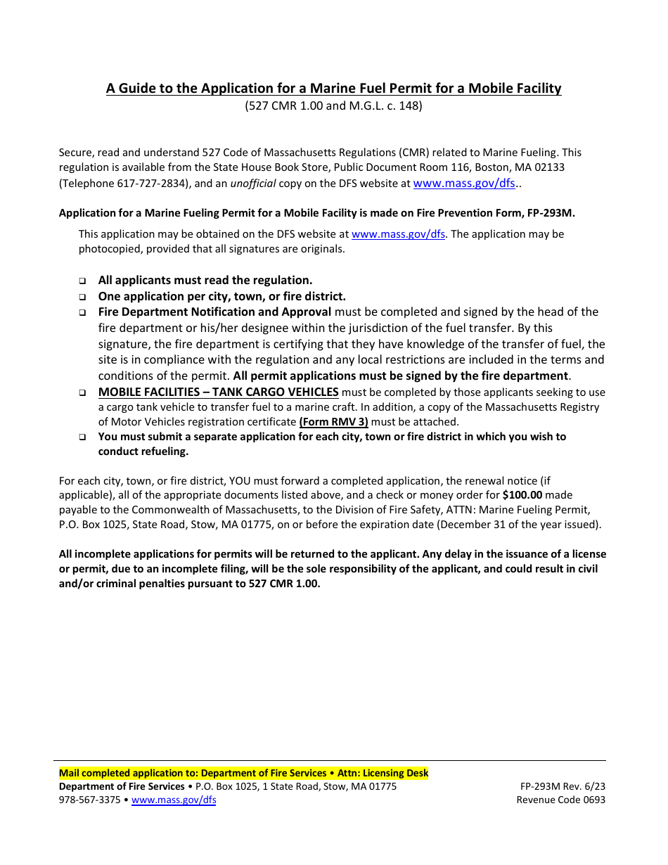 Form FP-293M Mobile Facility Application for Marine Fueling Permit - Massachusetts, Page 4