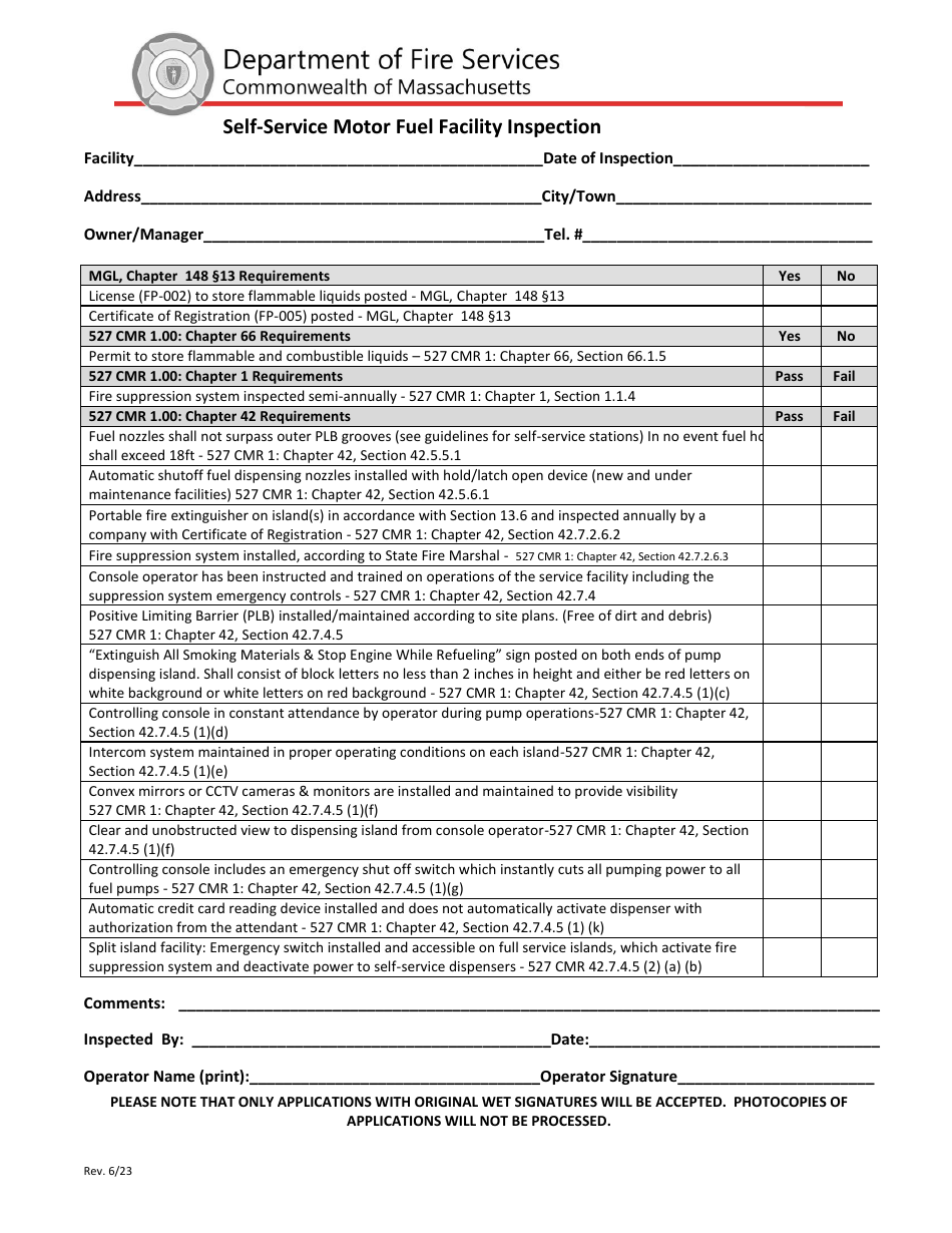 Self-service Motor Fuel Facility Inspection - Massachusetts, Page 1
