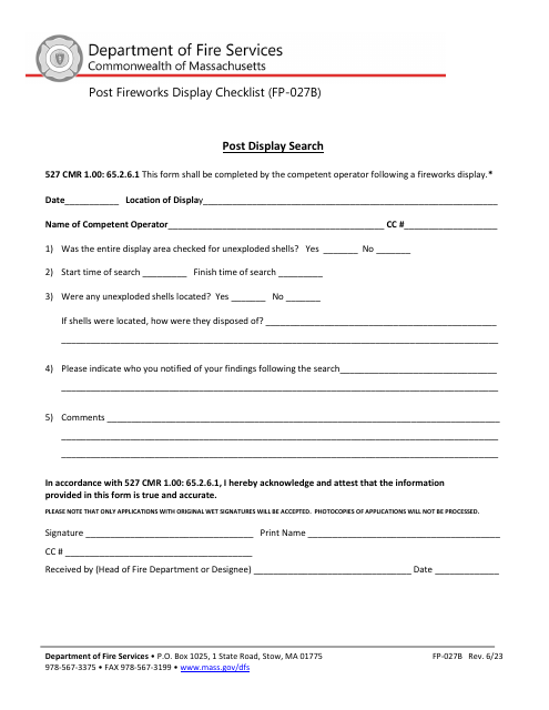 Form FP-027B Post Fireworks Display Checklist - Massachusetts