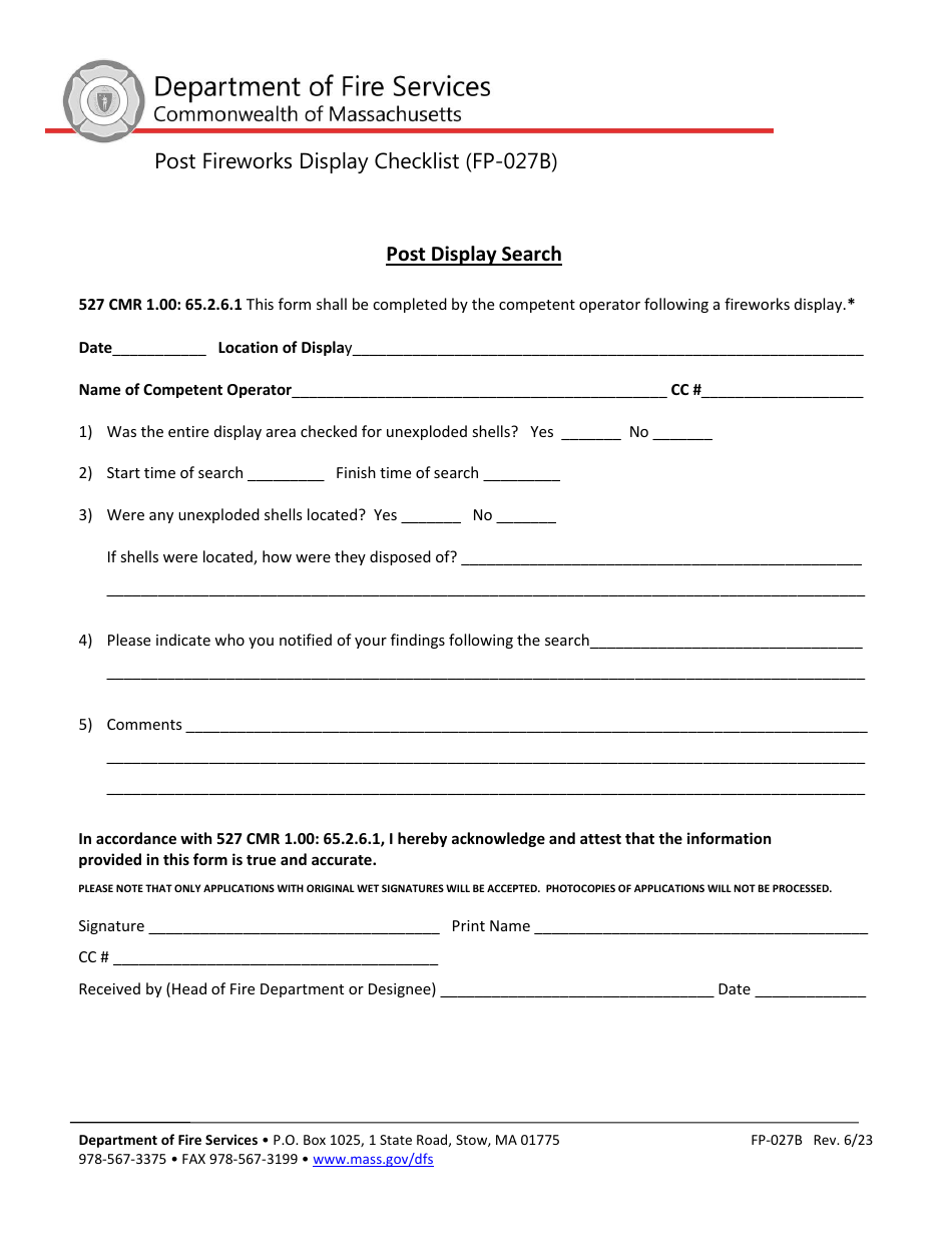 Form FP-027B Post Fireworks Display Checklist - Massachusetts, Page 1