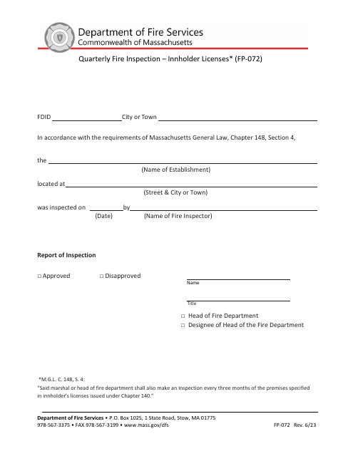 Form FP-072 Quarterly Fire Inspection - Innholder Licenses - Massachusetts