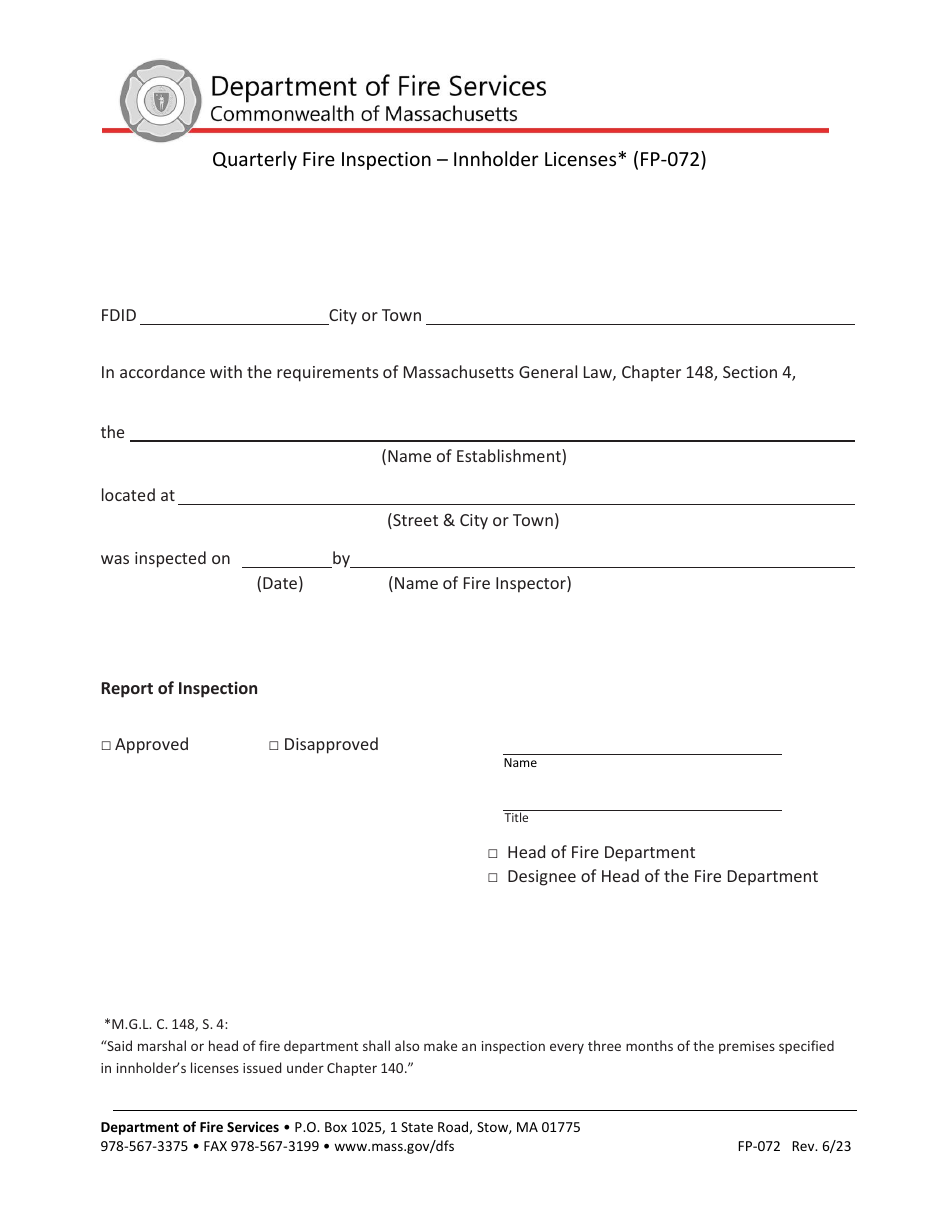 Form FP-072 Quarterly Fire Inspection - Innholder Licenses - Massachusetts, Page 1