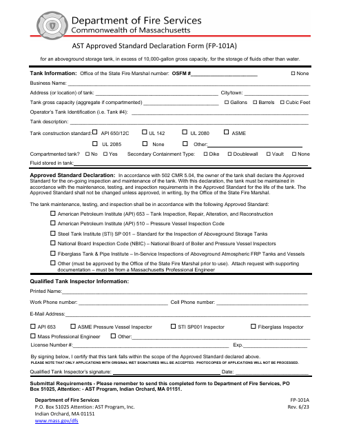 Form FP-101A Ast Approved Standard Declaration Form - Massachusetts