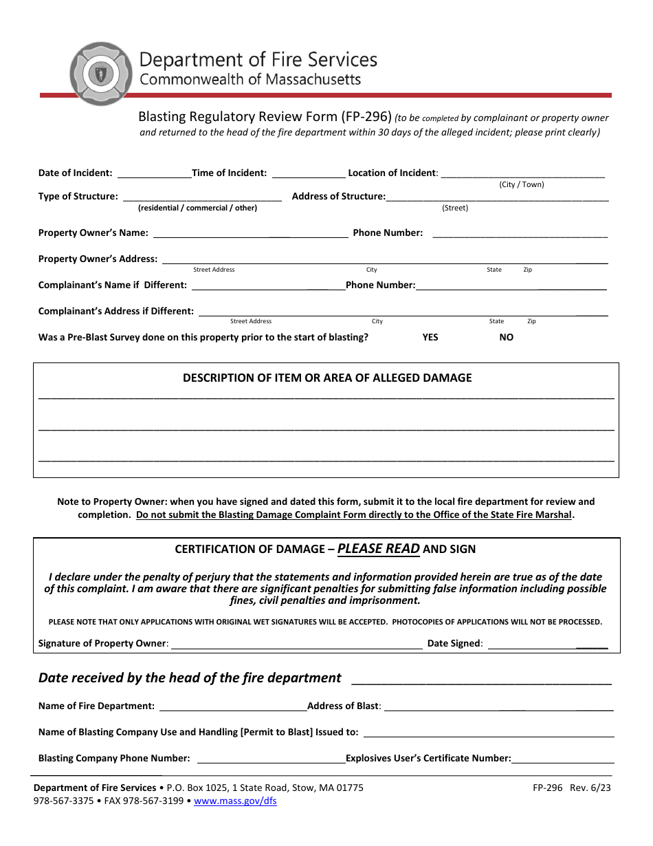 Form FP-296 Blasting Regulatory Review Form - Massachusetts, Page 1