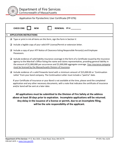 Form FP-076 Application for Pyrotechnic User Certificate - Massachusetts