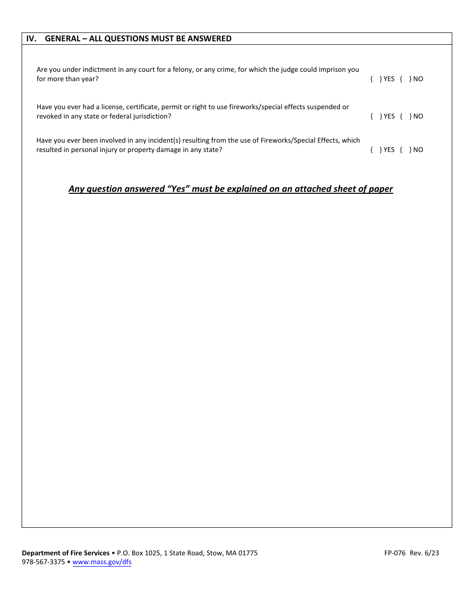 Form FP-076 Application for Pyrotechnic User Certificate - Massachusetts, Page 3
