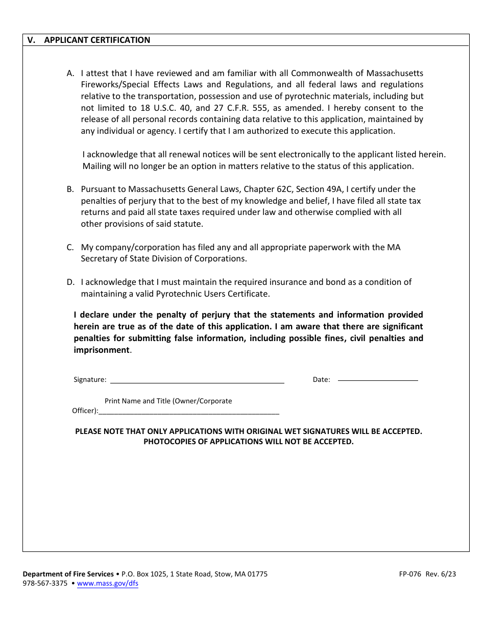 Form FP-076 Application for Pyrotechnic User Certificate - Massachusetts, Page 4