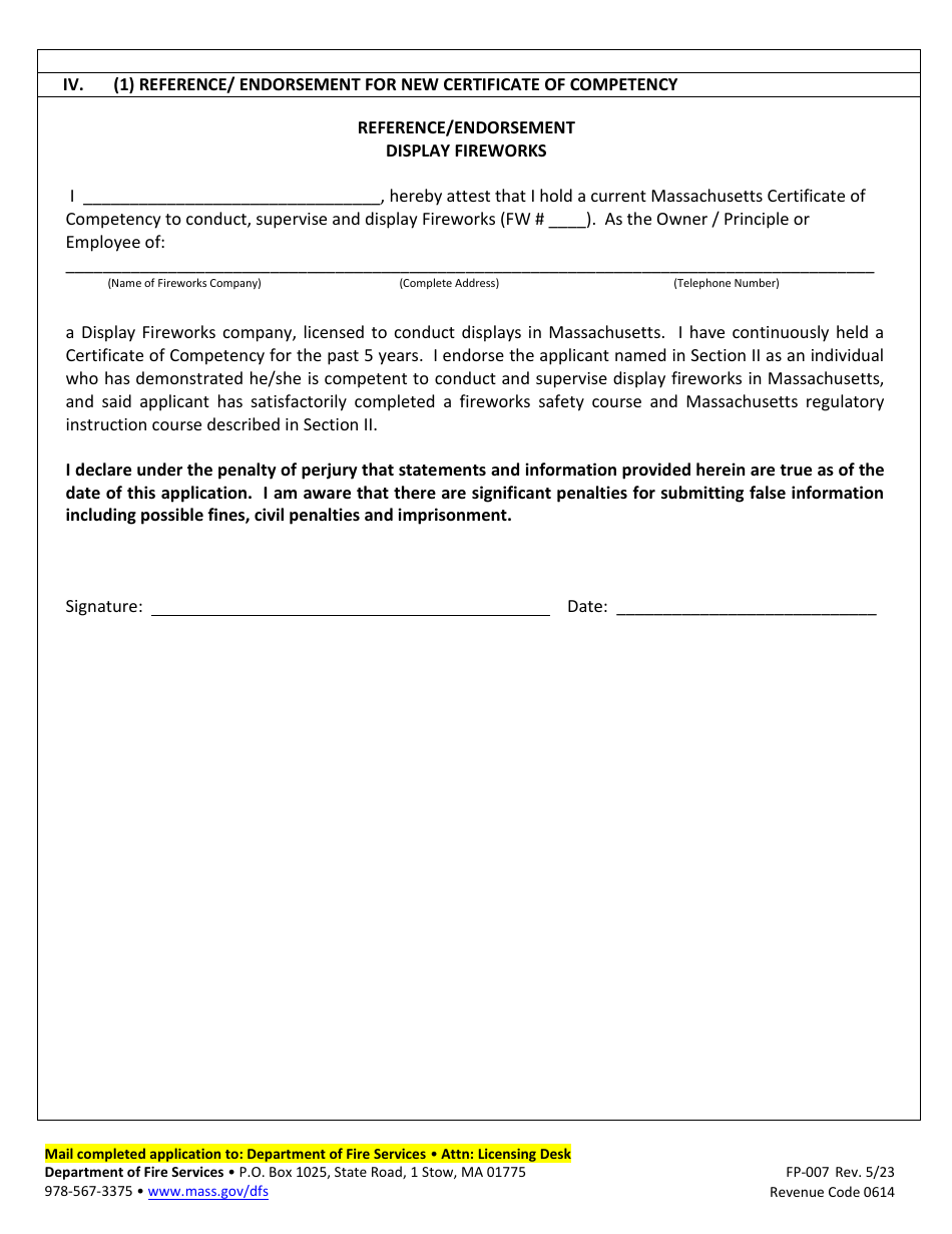 Form FP-007 Application for Fireworks Certificate of Competency - Massachusetts, Page 3