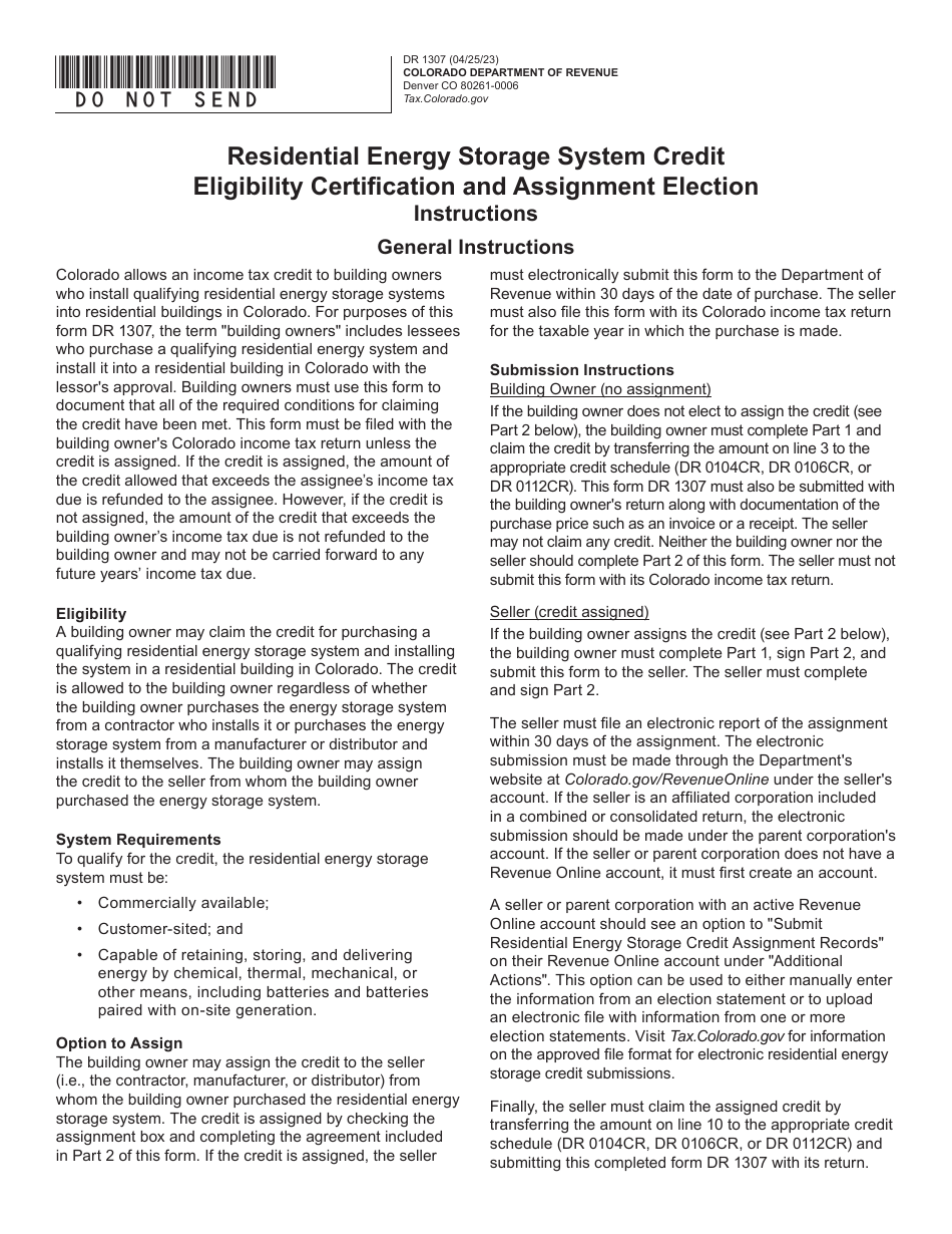 Form DR1307 Residential Energy Storage System Credit Eligibility Certification and Assignment Election - Colorado, Page 1