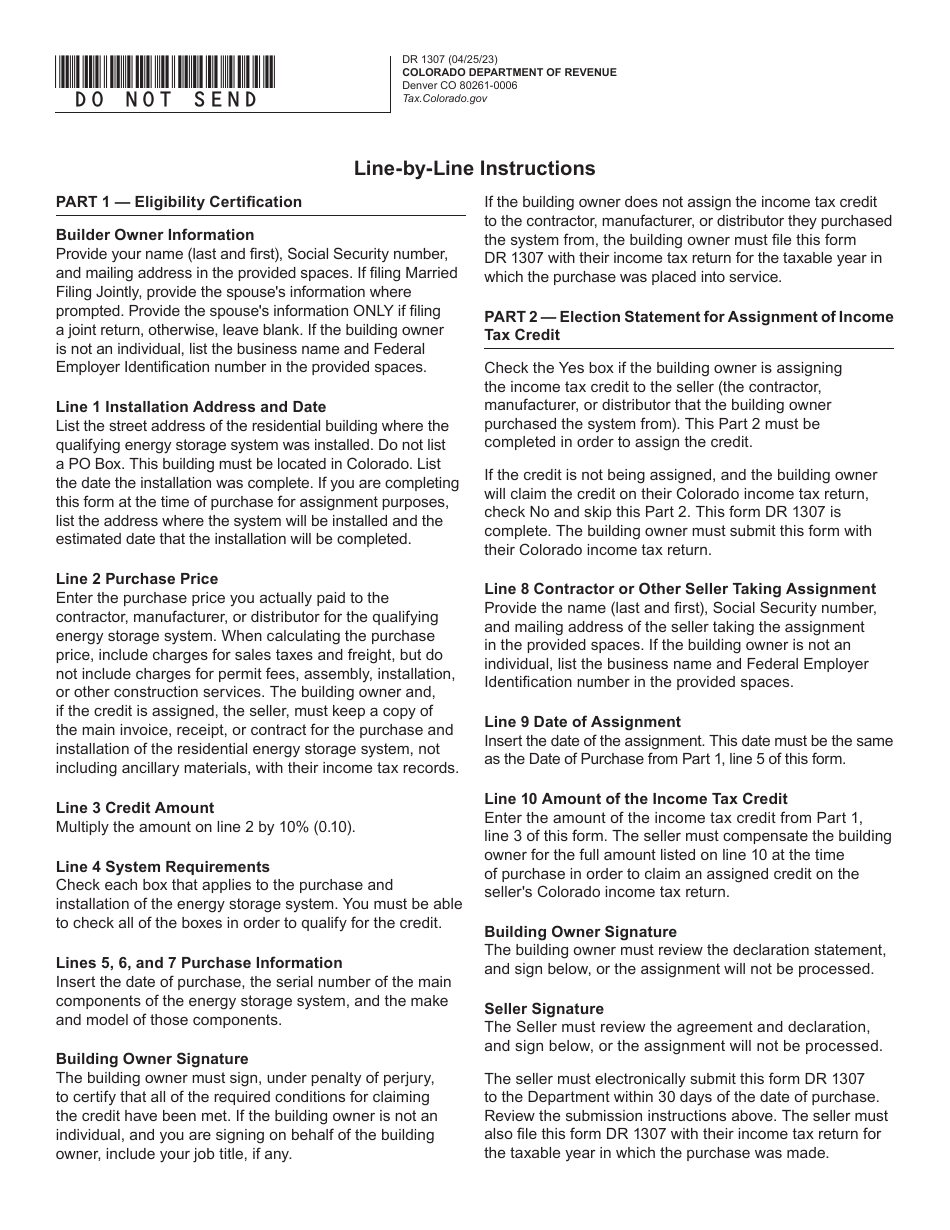 Form DR1307 Residential Energy Storage System Credit Eligibility Certification and Assignment Election - Colorado, Page 2