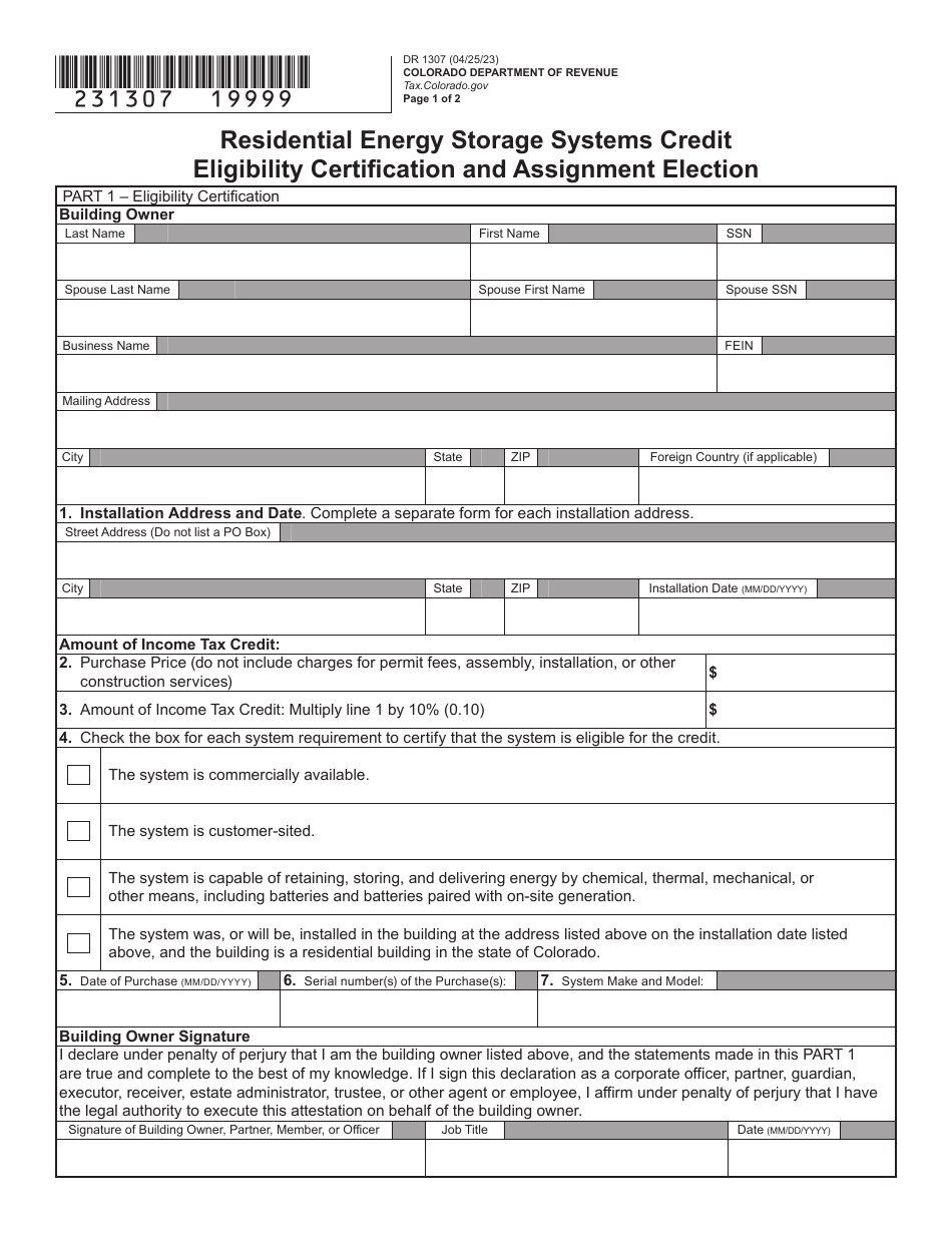 Form DR1307 Residential Energy Storage System Credit Eligibility Certification and Assignment Election - Colorado, Page 3