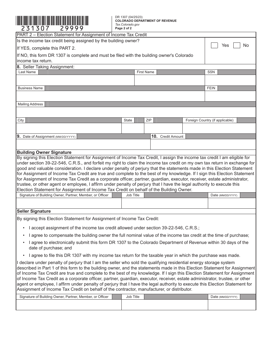 Form DR1307 Residential Energy Storage System Credit Eligibility Certification and Assignment Election - Colorado, Page 4