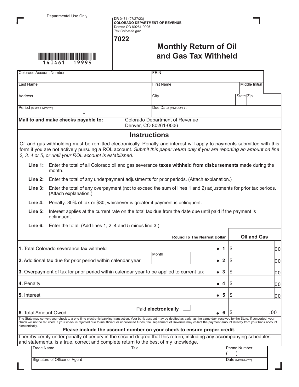 Form DR0461 Monthly Return of Oil and Gas Tax Withheld - Colorado, Page 1