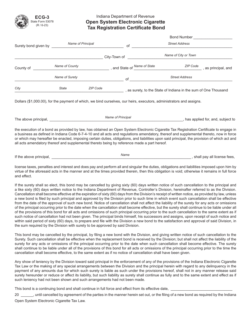 Form ECG-3 (State Form 53078) Open System Electronic Cigarette Tax Registration Certificate Bond - Indiana, Page 1