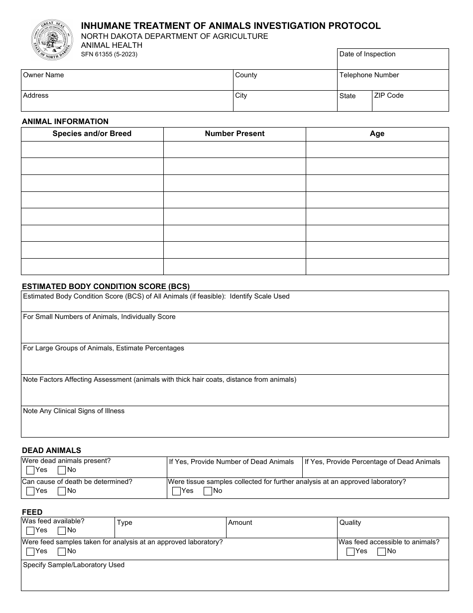 Form SFN61355 Inhumane Treatment of Animals Investigation Protocol - North Dakota, Page 1