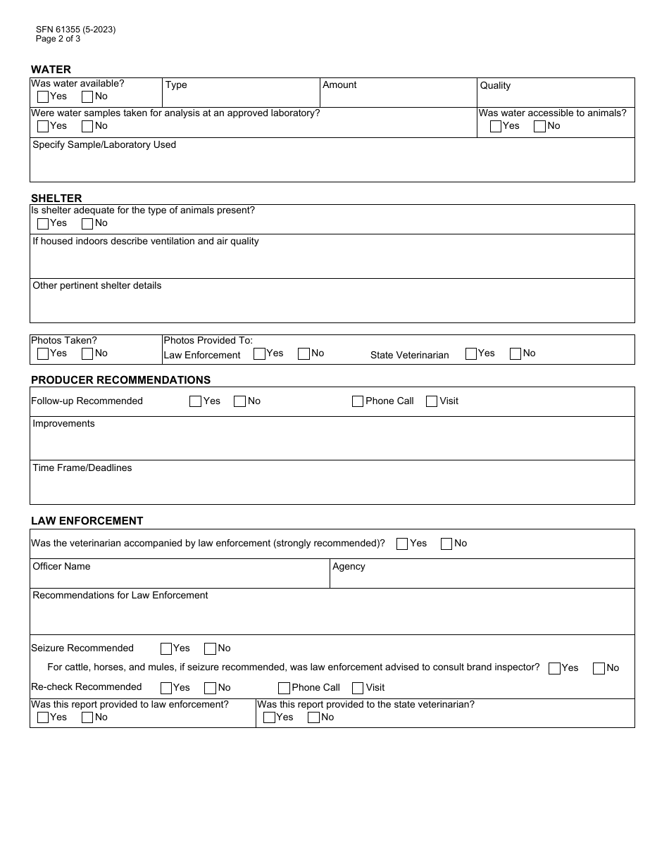 Form SFN61355 Inhumane Treatment of Animals Investigation Protocol - North Dakota, Page 2