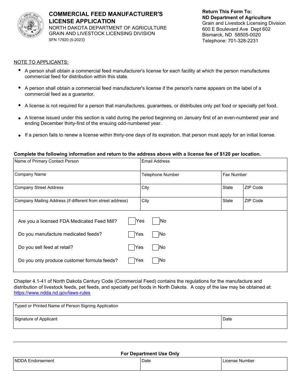 Form SFN17920 Download Fillable PDF or Fill Online Commercial Feed