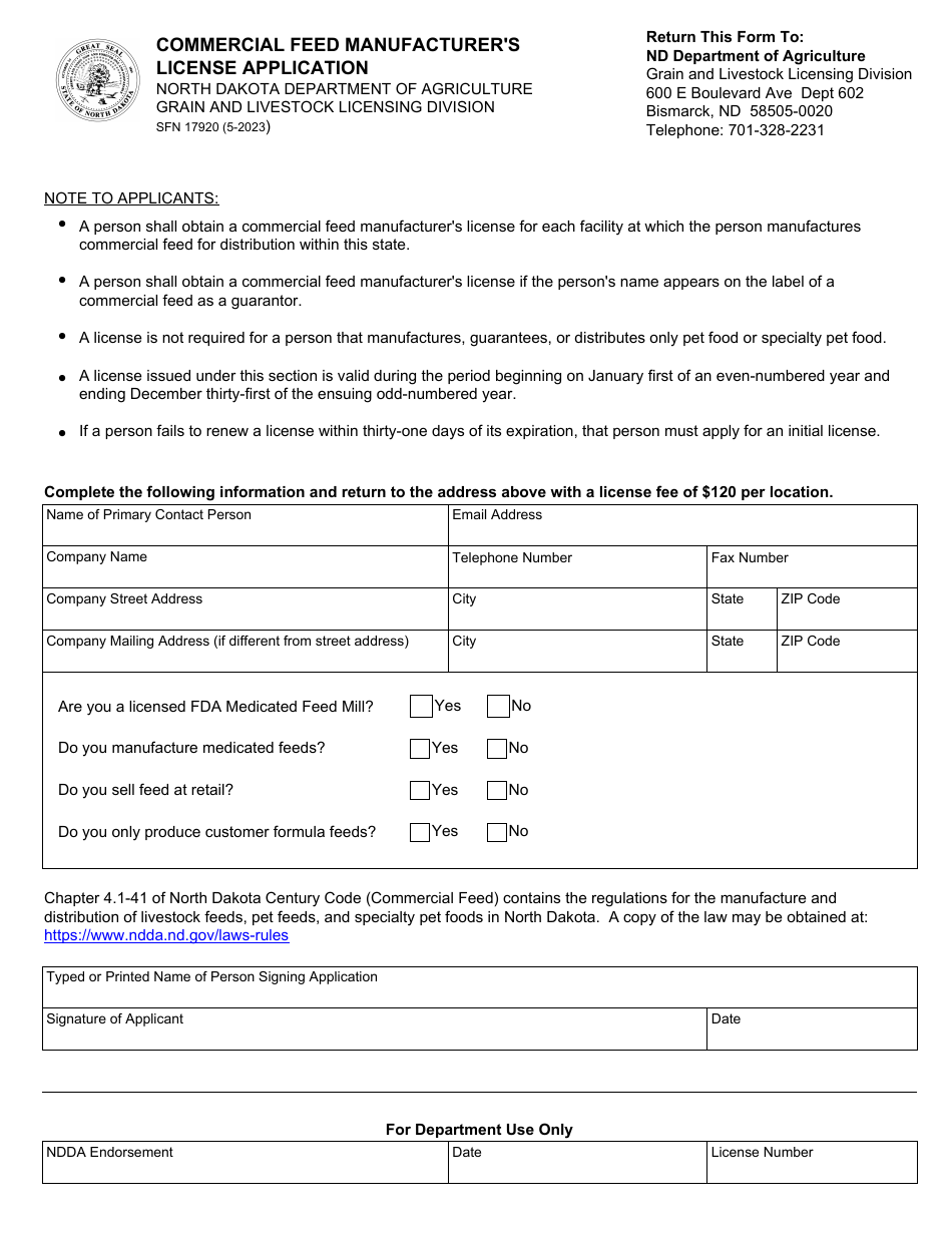 Form SFN17920 Commercial Feed Manufacturers License Application - North Dakota, Page 1