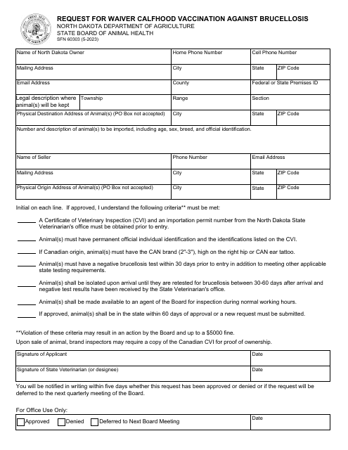 Form SFN60303 Request for Waiver Calfhood Vaccination Against Brucellosis - North Dakota