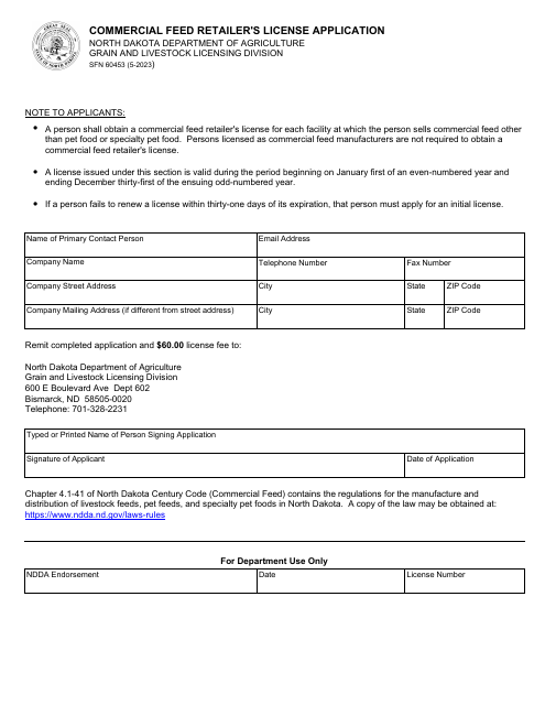 Form SFN60453 Commercial Feed Retailer's License Application - North Dakota