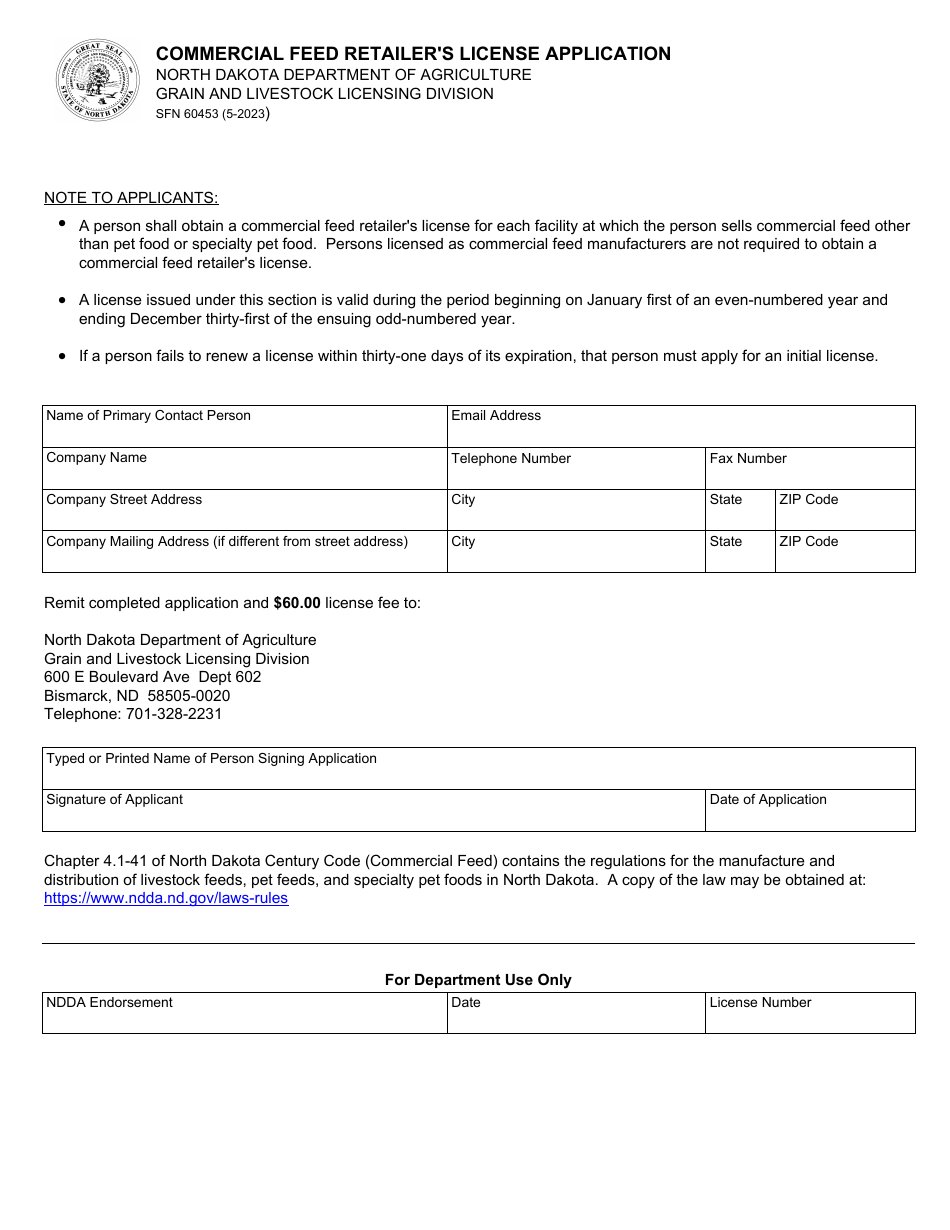 Form SFN60453 Download Fillable PDF or Fill Online Commercial Feed
