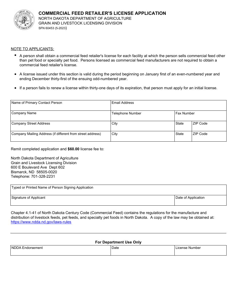 Form SFN60453 Commercial Feed Retailers License Application - North Dakota, Page 1