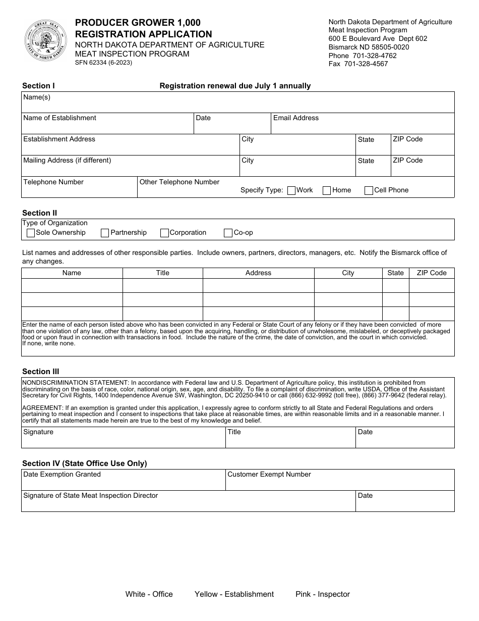 Form SFN62334 Producer Grower 1,000 Registration Application - North Dakota, Page 1