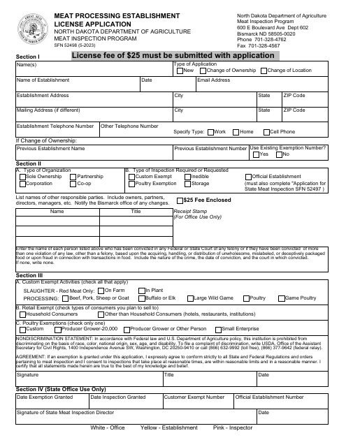 Form SFN52498 Meat Processing Establishment License Application - North Dakota
