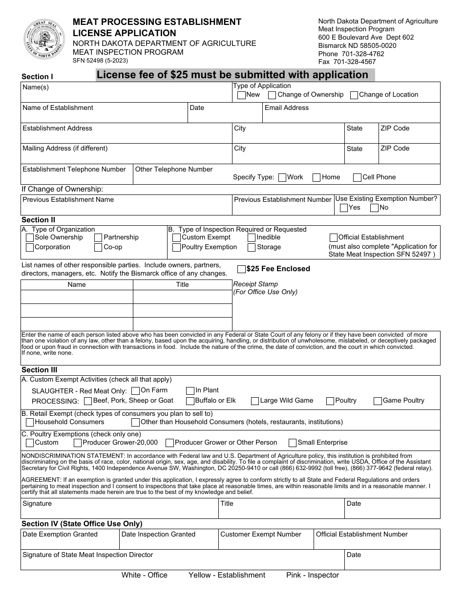 Form SFN52498 Meat Processing Establishment License Application - North Dakota, Page 1