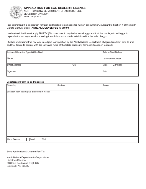 Form SFN61394 Application for Egg Dealer's License - North Dakota