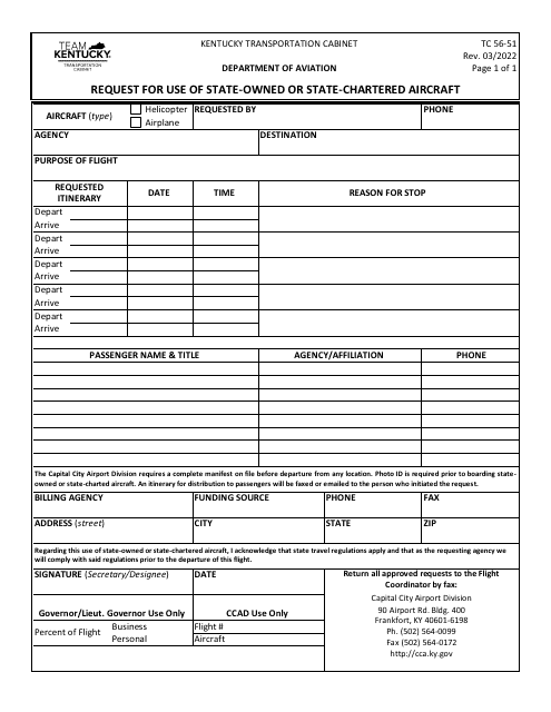 Form TC56-51 Request for Use of State-Owned or State-Chartered Aircraft - Kentucky