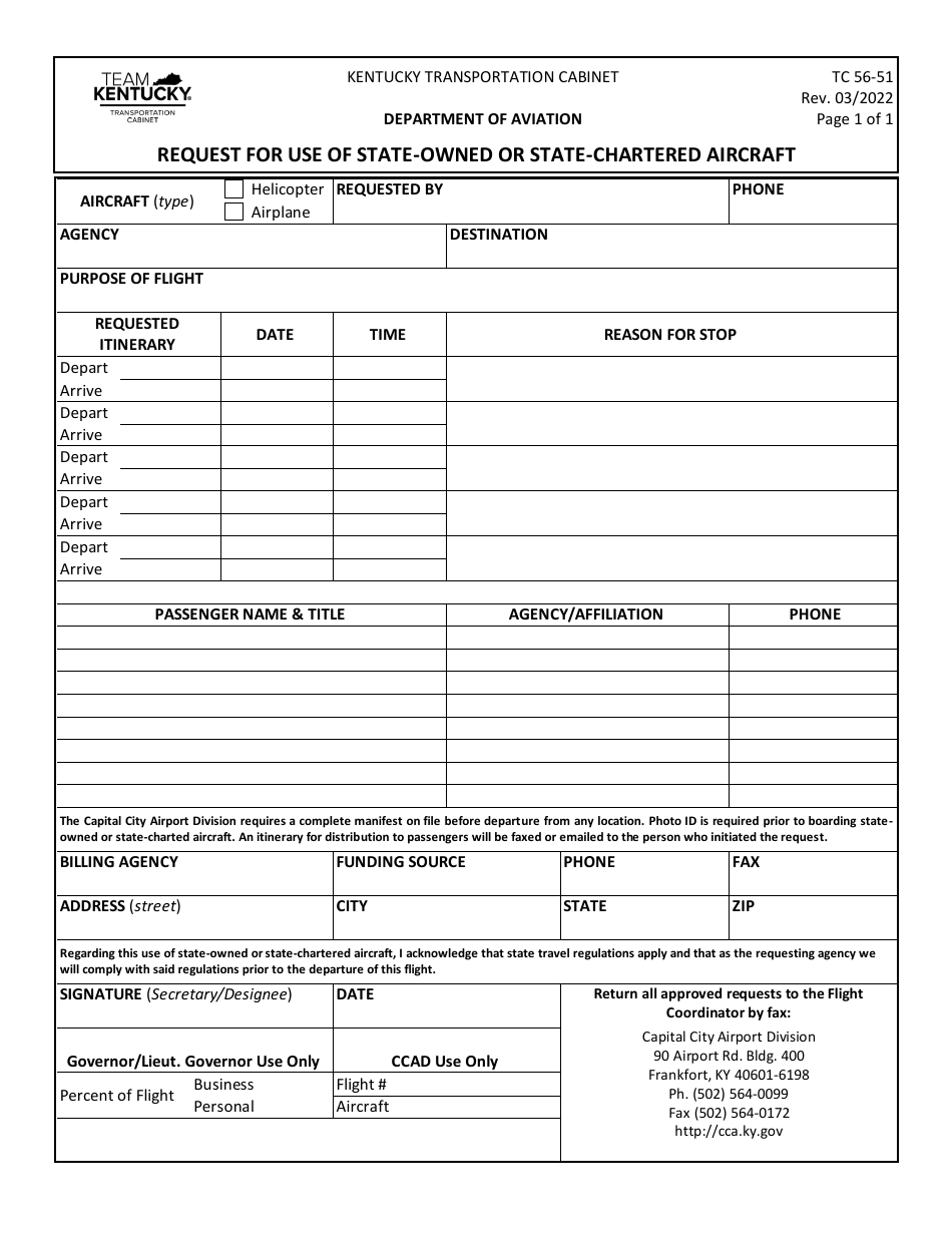 Form TC56-51 Request for Use of State-Owned or State-Chartered Aircraft - Kentucky, Page 1