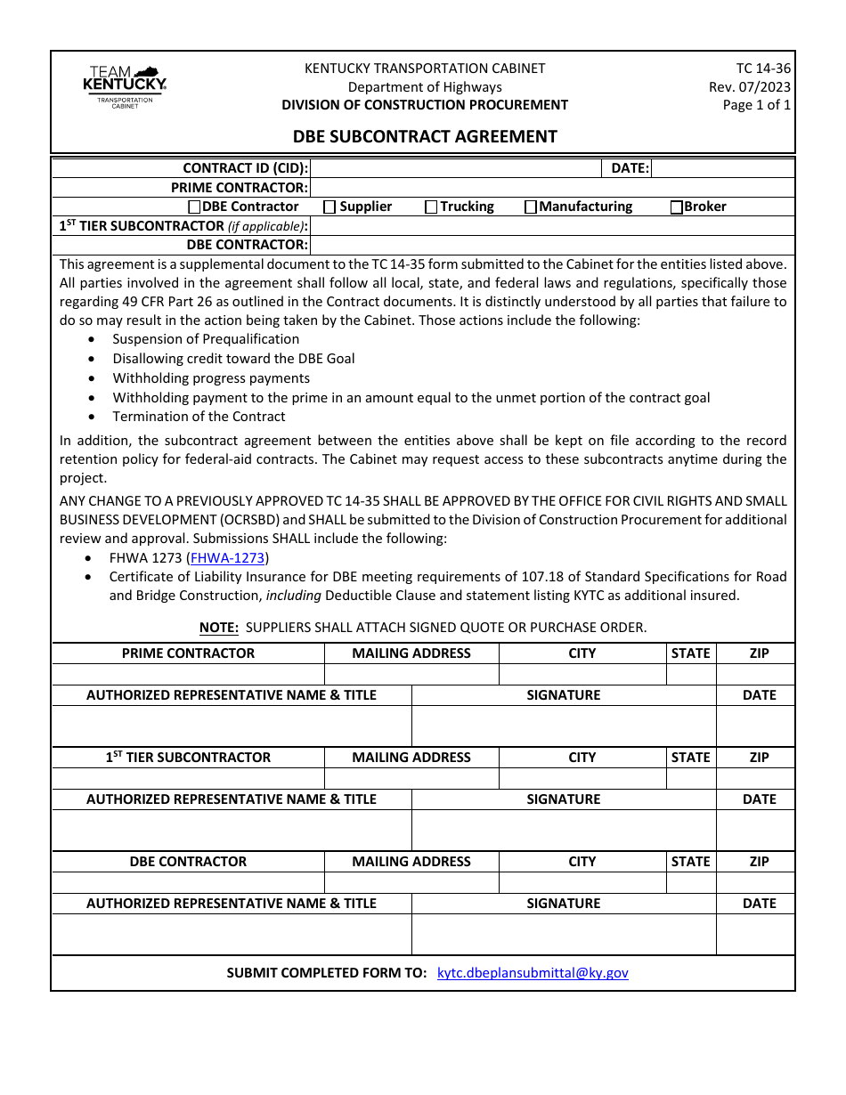 Form TC14-36 Dbe Subcontract Agreement - Kentucky, Page 1