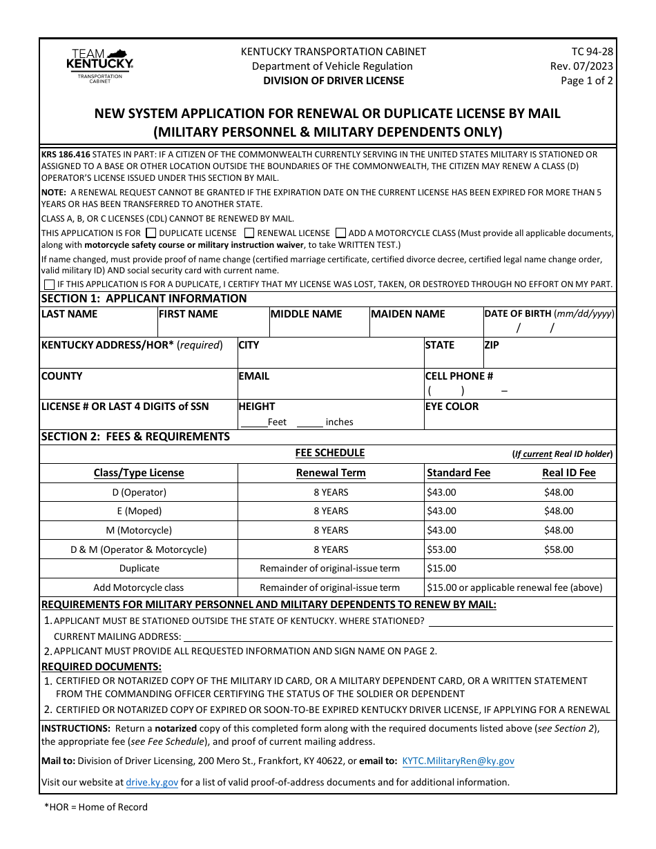Form TC94-28 New System Application for Renewal or Duplicate License by Mail (Military Personnel  Military Dependents Only) - Kentucky, Page 1