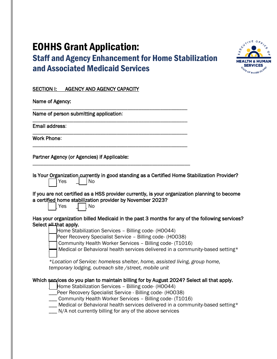 Eohhs Grant Application: Staff and Agency Enhancement for Home Stabilization and Associated Medicaid Services - Rhode Island, Page 1